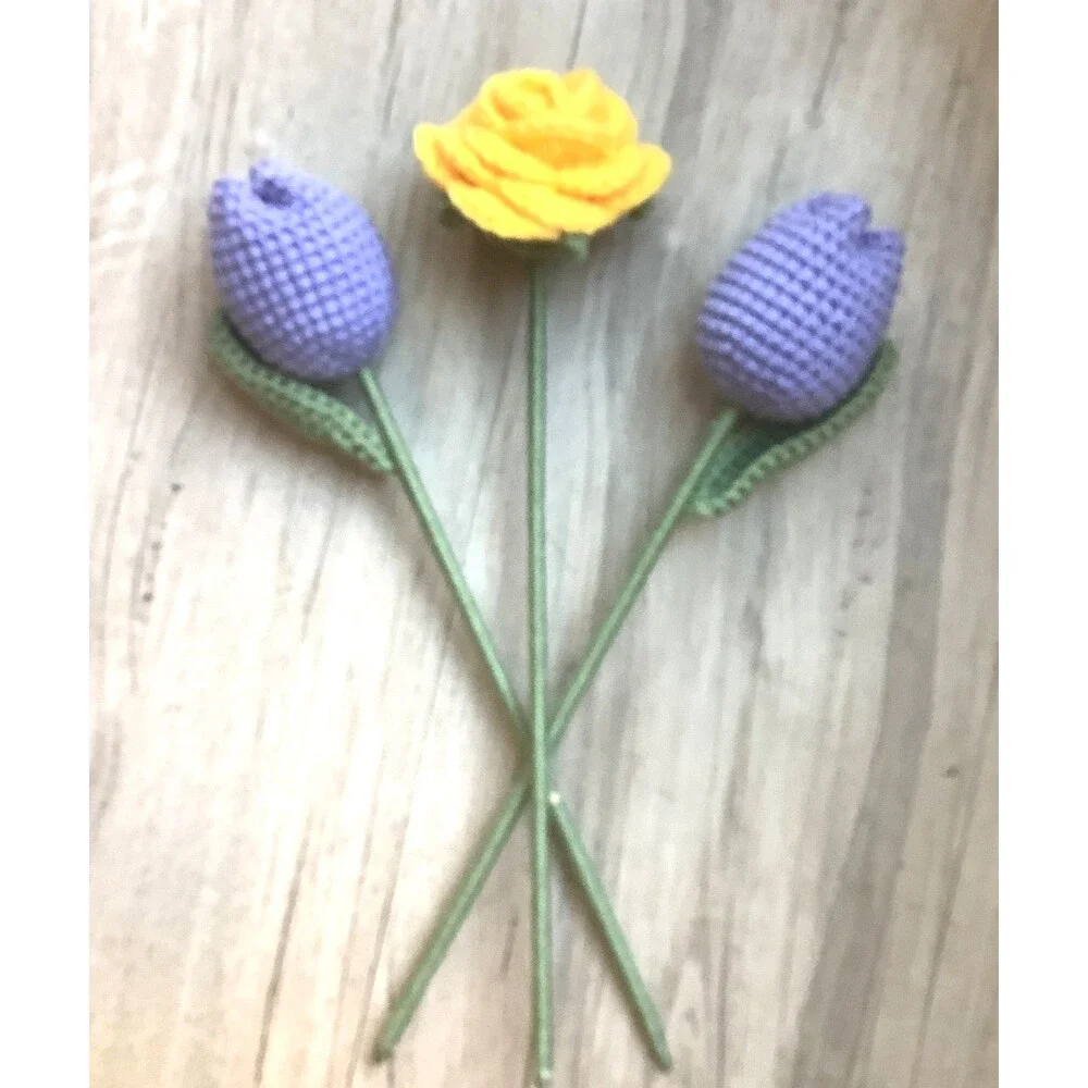 Crochet Flower Bouquet Handmade Tulips Rose Yellow Purple Flowers Country Decor